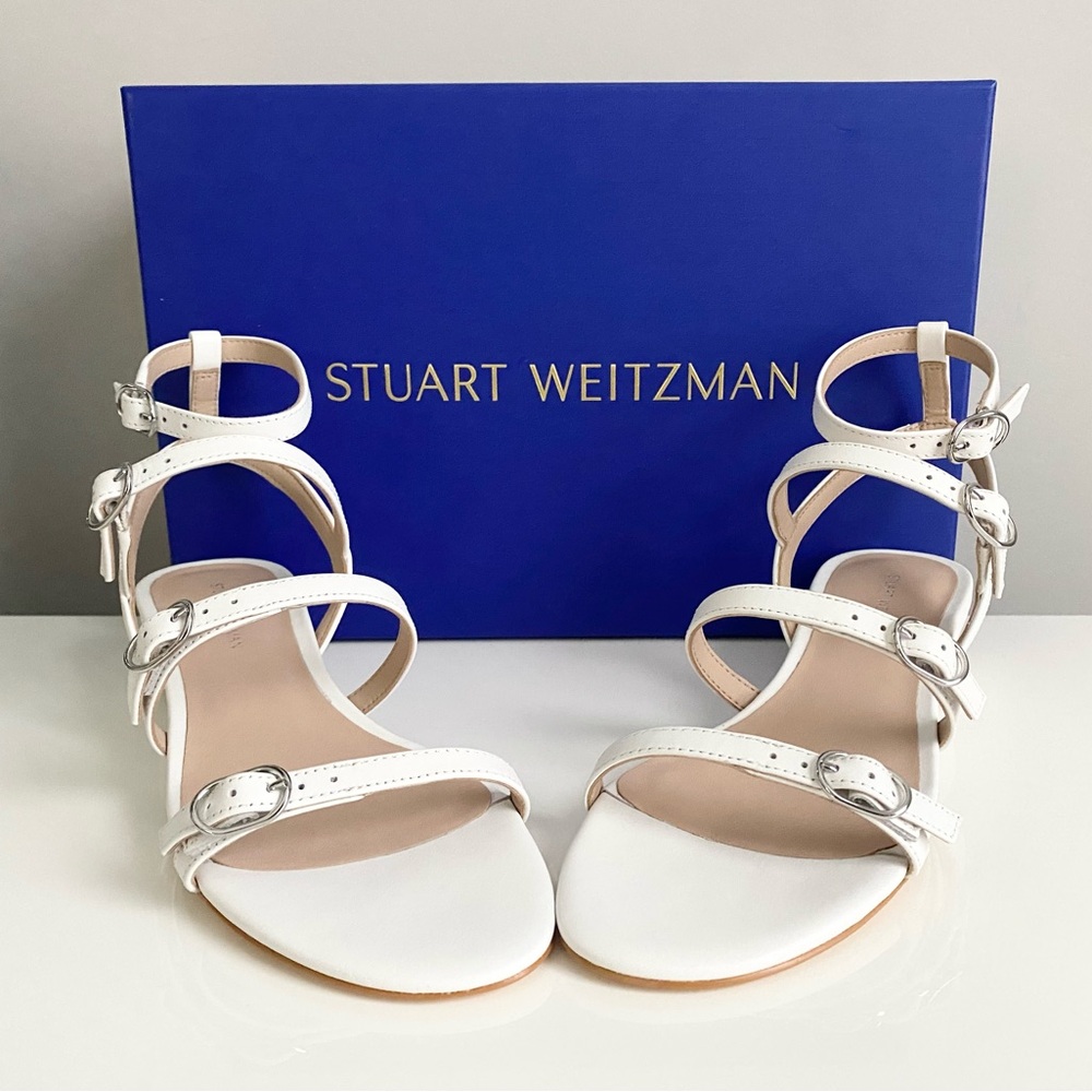 $450 STUART WEITZMAN Grecian Buckle Wedge White Leather Sandals Sz 36.5 6 B NEW - Picture 2 of 15